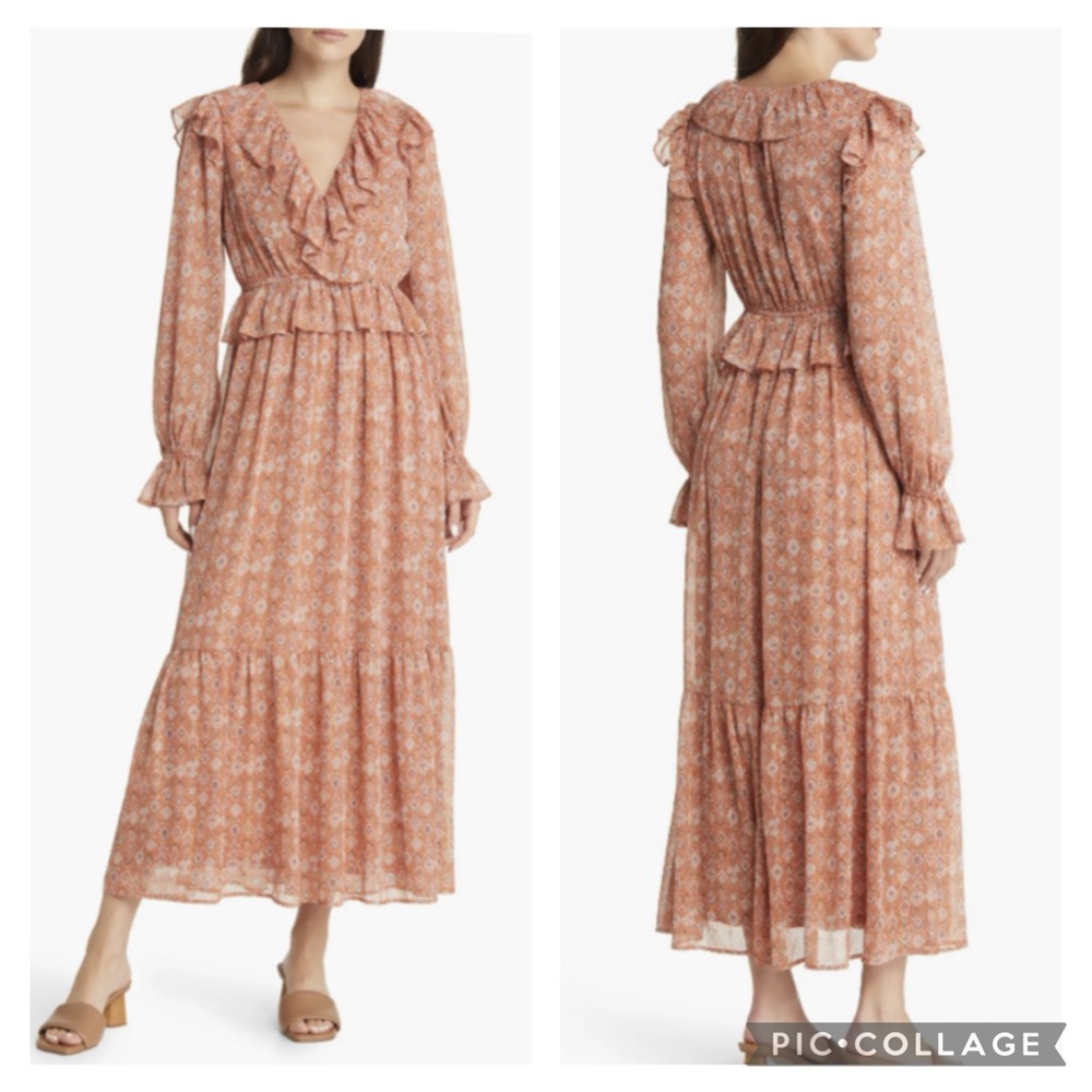 MOON RIVER Print Ruffle Long Sleeve Tiered Maxi Dress in Rust Multi Size medium